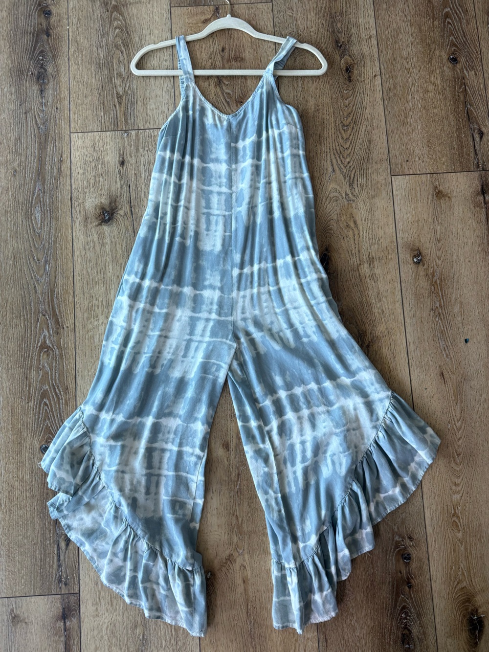 Japna Tie Dye Wide Leg Boho Jumpsuit Ruffle Hem Pockets Blue Gray Small - Picture 2 of 4